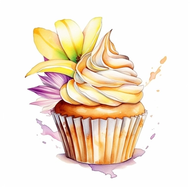 Design a clipart image of an banana cupcake in a watercolor style, with banana decoration and a topping. You can also add some colorful candy or chocolate chips to make it more attractive. You can add white flowers and green leaves to the design.