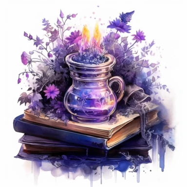 Spellbook, in the style of light silver and violet, mysterious and dreamlike scenes, realistic painted still lifes, vibrant watercolors, dreamlike installations, witchy academia, contest winner, watercolor clipart