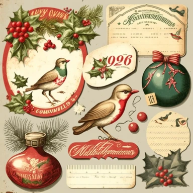 die-cut christmas clipart vintage ephemera, photorealistic drawing, NO: [“watermark, signature, write, number, word”]