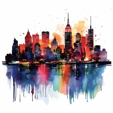 watercolor, clipart, image of the New York Skyline at night AR 3:2