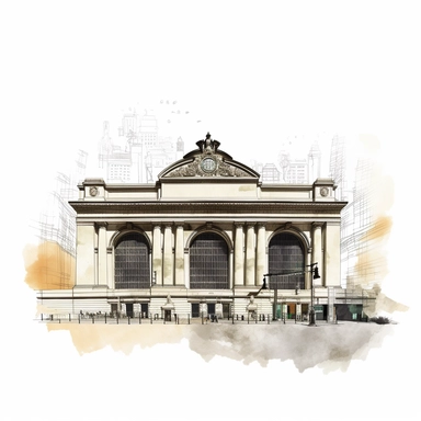 New York Grand Central Terminal Station in the style of delicate minimalistic illustration, sparse and simple bright watercolor, mostly blank, dotted, plenty of white space, low view, 8k, high resolution, hyper quality, separate element, clipart, white background