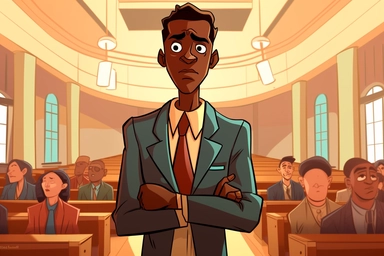 cartoon black man-court worker on the background of a clipart, in the style of the Quito school, #vfxfriday, surprisingly absurd, hd, female style, american barbizon school, strong lines