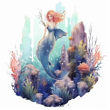 An underwater style over realistic beautiful mermaid with mermaid tails sitting on the big rock covered with algae and corals in the sea with watercolor effect,sea plants,coral and mussel,underwater details,random colorful fishes,blue color,fade colors,suitable for digital clipart,white background no physical deformation , realistic features,full body,fantasy scene