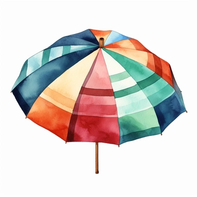Watercolor A colorful beach umbrella with a patterned canopy clipart, Minimalist, isolated white background, 8k