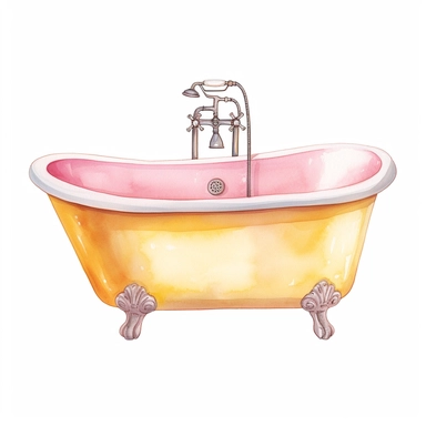 basic watercolor pink vintage tub with yellow accent in minimal hand drawn style, Etsy, textured, clipart, white background