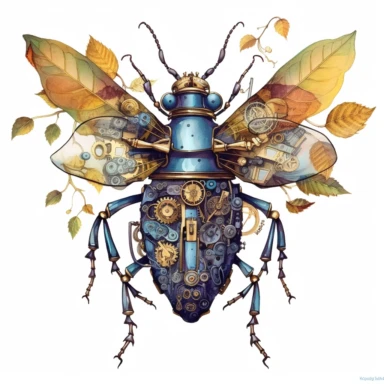 watercolour steampunk vintage insect on leaves clipart, hd, isolated on white background, spaced out
