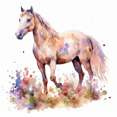 detailed watercolor clipart, photography style, beautiful horse, in a meadow, full body, spring floral,self shadow, white background