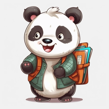 cute panda, student, happy and smiling, clipart, white background, no shadow