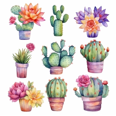 Boho Cactus Watercolor Cliparts, high definition 8k , illustration, sublimation, white background for removing background