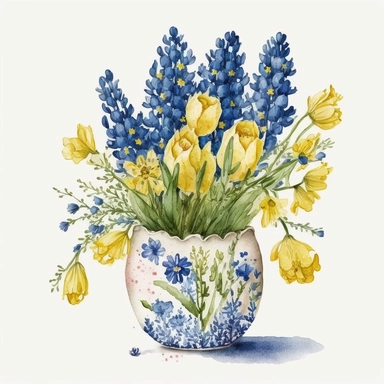 Watercolor, Blue Bonnets, Clipart, floral bouqet in a cute yellow vase, white background, no text, no caption