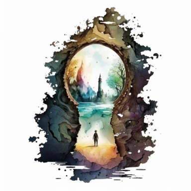 looking through a keyhole to a fantasy scene. artwork medium is watercolor clipart.