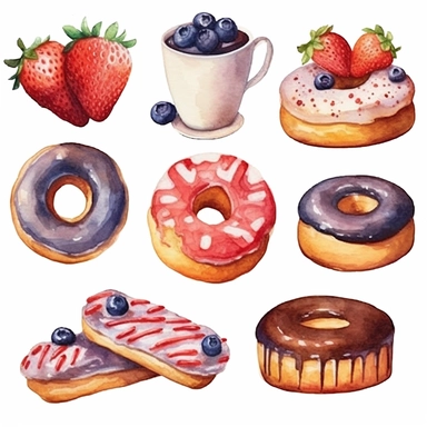 Watercolor style, union jack pattern, cake, cars, coffee, donuts and flower variations, hyper realistic detailed clipart, on a white background