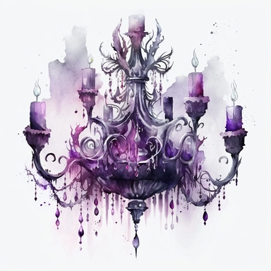 chandelier in the style of light silver and violet, mysterious and dreamlike scenes, realistic painted still lifes, vibrant watercolors, dreamlike installations, witchy academia, contest winner, watercolor clipart
