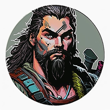 badass noble soldier handsome Jason Momoa, Dungeons & Dragons, handpainted enamel punk fashion poster, clipart illustration, circle white background, circle border