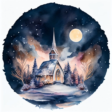 cute Christmas watercolor clipart with a little church in circle, night sky with sparkling background,