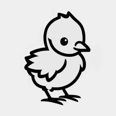 Simple outline of a baby Rooster, kids cartoon, minimalist, black on white, lineart, 2d flat file, silhouette, clipart, uninterrupted outline as in an svg, perfect outline corners, make it an outline svg and fill color white, exact outline, the line should not be thickened, the line should not be thicker or thinner, the outline of the line should be thin, maximum 1 millimetre.