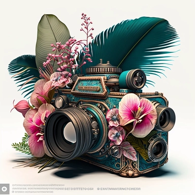 clipart of an antique 1 long lens only professional photo camera, surrounded by an intricate arrangement of dramatic extravagant digital 3D pink orchids, blue duck palm leaves, in the style of large-scale photography, lush detailing, cartoon style, playfully intricate, made of flowers, bloomcore, tropical island ambiant, 8K, clipart, clear background