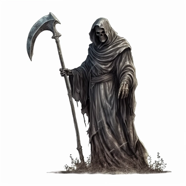 Grim Reaper hold the scythe, standing next to the tombstone Sublimation Clipart, Illustration clipart, 4K, extremely detailed, isolated on white background