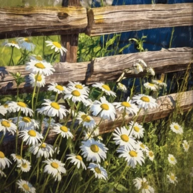 chamomile plant, against a old wood rail fence , clipart, vintage, watercolor style, hyper hd--q2--v5.1