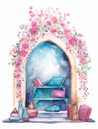 watercolor, a fairytale book nook with flowers and books, in the style of light magenta and aquamarine, arabesque, light magenta and gold, goa-insprired motifs, bloomcore, mysterious backdrops, clipart on white background.