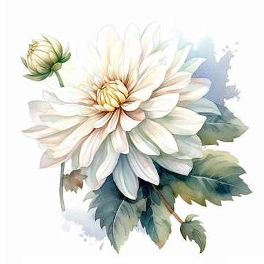 Watercolor snow clean white dahlia clipart on a white background in the style of feminine sticker art, Tanya Shatseva, storybook illustration, pure and pristine shades, Georgia O'Keeffe, flower and nature motifs, colored line art, colored outlines, cottagecore design, watercolor on white background, ombre, warm tones, colored line art, colored outlines, iridescent ombre, gradient shading, winter snow tone, vibrant digital art oil paint photorealism, an illustration of a colored flower, meticulou
