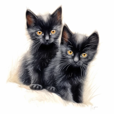 2 fuzzy black kittens playing, color pencil sketch on a white background for clipart
