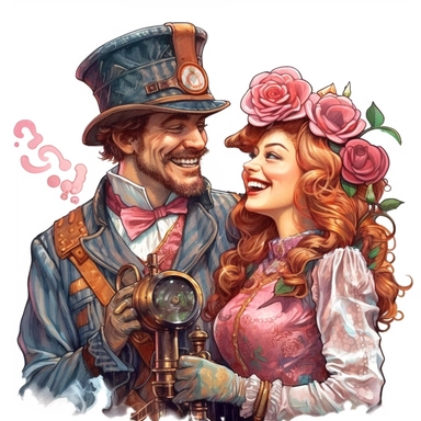 Steampunk lovers sharing a laugh, their attire adorned with hints of red and pink steampunk style, while a vibrant steampunk rose serves as a joyful reminder of their deep connection. Ultra high quality, intricate detail, retro-futurism, pastel clipart, white background