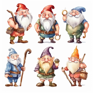 Watercolor Seven Dwarfs (Doc, Dopey, Sleepy, Grumpy, Sneezy, Bashful, and Happy) , llustrations clipart set, simple , cartoon elements, fairy tale theme and elements, different characters, handsome blonde prince, the huntsman, the evil queen, mirror, different variants , , separate elements with a margin