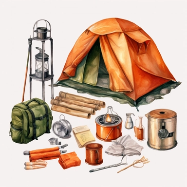 watercolor, Camping gear collage on white background png Full body realistic cartoon in 32K UHD cute. 15 cm thick outline. Black color. There was no shadow on the ground. 8k with realistic watercolors and detailed illustrations. PNG clipart, transparent white background