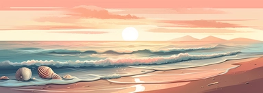 Design a 'Tourism Illustration' themed image that paints a picture of a tranquil seaside escape with a fresh and clean aesthetic. Begin with a vast, soft-hued sky at dawn, seamlessly transitioning into the serene, clear sea at the horizon. The sandy foreground should be minimalist, with a sparing sprinkling of distinct seashells, subtly hinting at the ocean's presence. Dot the beach with a small cluster of dune flowers, their delicate beauty standing out against the untouched beach. To the edge 