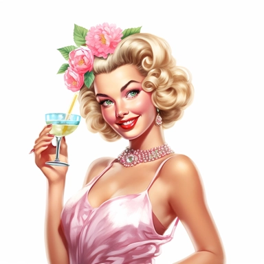 beautiful pretty pin up woman, makeup and hair 50's style, diferent poses,elegant night dresse with champagne glass and a hawaiian flower in her hair, paint art style, cooking, detail, clipart, white background, superrealistic, one of a kind