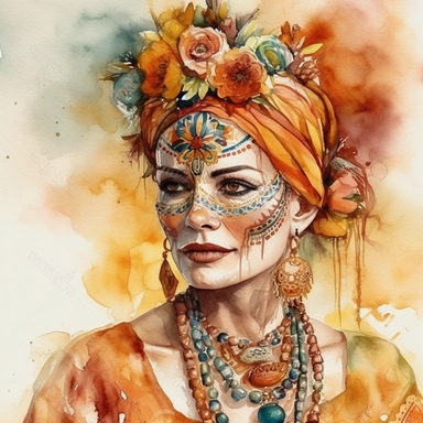 Romantic realistic watercolor of a beautiful older woman, celebrating Dia de Los Muertes, wearing boho jewelry and mexican traditional dress, spiritual, translucent, multi-layered, delicate, bright colors, golden hour, fashion photography, watercolor clipart - - no watermarks, no text