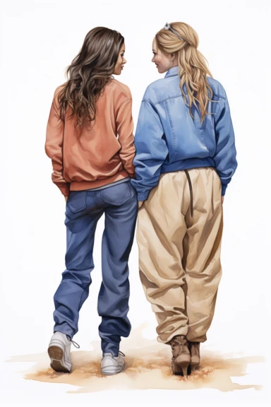 two fullbody women at their backs , best friends, wearing blue pants and jackets, clipart