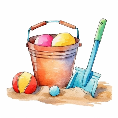 A watercolor clip-art featuring a beach bucket and shovel, a beach ball, and a pair of sunglasses, symbolizing the joy and excitement of building sandcastles and playing games on the beach, cheerful and vibrant colors, white background, scrapbooking, intricate details, visible brush strokes and realistic painting, on the theme of beach essentials for creating lasting summer memories and trending on Etsy