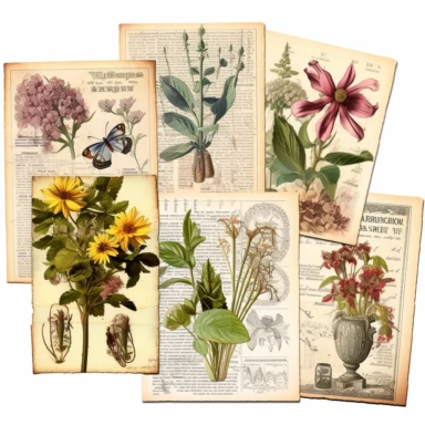Craft four pieces of vintage-inspired printable ephemera for junk journals featuring botanical illustrations, vintage advertisements, and newspaper clippings. Clipart isolated on solid white
