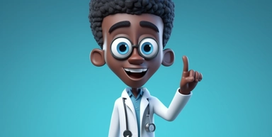 3d rendering, african cartoon character, young doctor with stethoscope and with black skin, shows index finger up, looks at camera. Healthcare clip art isolated on blue background. solving a medical problem. idea concept