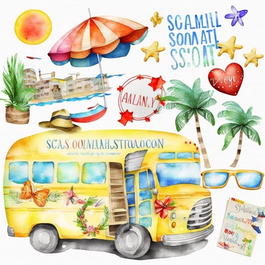 watercolor summer vacation from school clip arts, end of school year clipart, white background, no letters