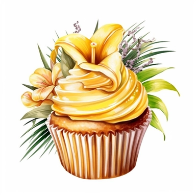 Design a clipart image of an banana cupcake in a watercolor style, with banana decoration and a topping. You can also add some colorful candy or chocolate chips to make it more attractive. You can add white flowers and green leaves to the design.