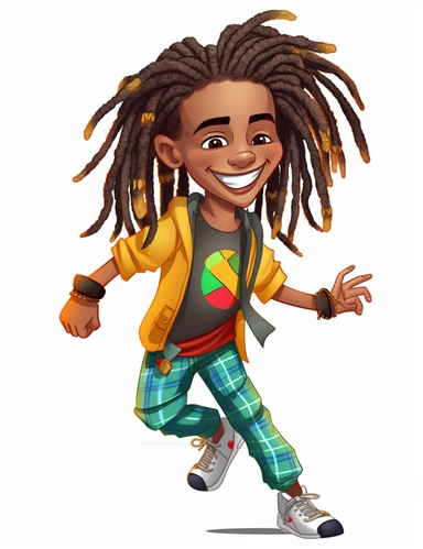 cute cool smiling black boy with wild colorful dreadlocks, dancing, chibi style, jewelry, hip hop clothing, hands in pocket, clipart, whole body, white background,