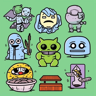 a set of black line clipart inspired by sushi and zombies and muppets and Care Bears and Funko Pop toys