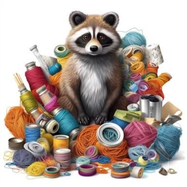 clipart trash panda surrounded by craft supplies, such as yarn, buttons, needles, and fabric, to visually represent the idea of having a lot of potential projects in mind. in the style of hyper-realistic animal illustrations, prairiecore, colorful arrangements, historical illustrations, energy-filled illustrations,white background v 5.1