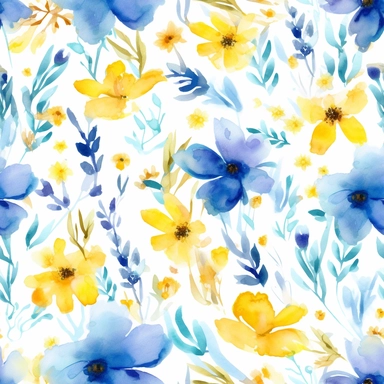 seamless pattern, painting of delicate cute summerflowers, vibrant colors, yellow and blue, single flowers, watercolor watercolour, clipart, pattern designs, animated gifs, simplistic, minimalist, abstract