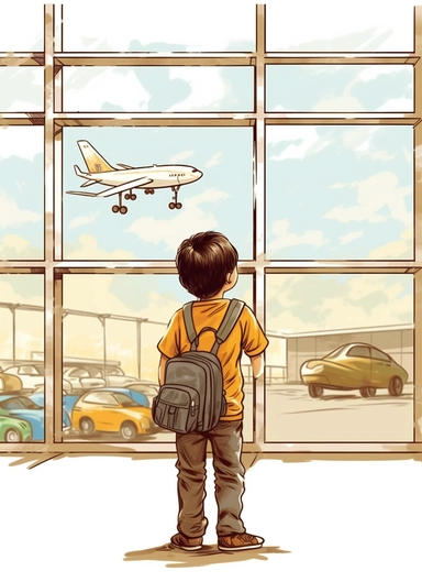 little boy clipart explorer clipper clipart boy explorer, at the airport terminal looking at the airplanes through the window, in the style of modern day casual dress style for babies, use of a map of the world, a passport and luggage, lightbox, soggy, pattachitra, associated press photo, primitive structures