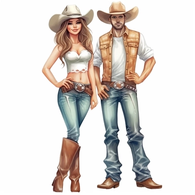 Cute Beautiful Couple Cowgirl Sublimation Clipart,Cartoon,hyper realistic, intricate detail, illustration style,high solution , on the white background