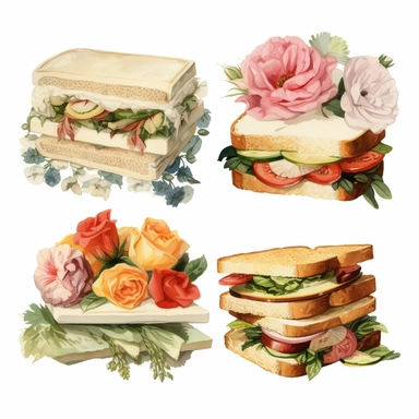 4 watercolor cliparts of neoclassical sandwich with flowers integrated on it, yaka art, Hyperrealistic still life, aurorapunk, 1990s, appropriation artist, hellenistic art