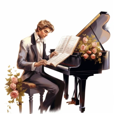 beauty man playing elegant piano, flower and a music book digital clipart on white background