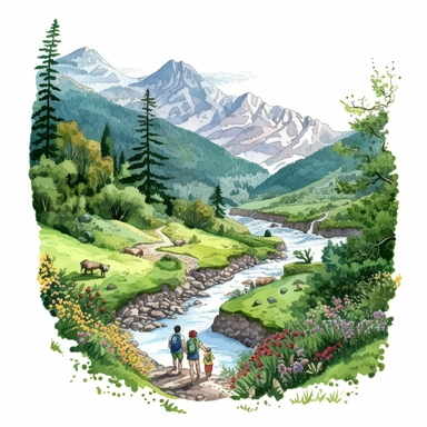 professional gouache hand-painted illustration of Mountain River in the middle surround by trees, flowers, plants, two people hiking on the side with a dog, spring, focus on the mountain, Landscape clipart, hiking, nature, camping, white background, natural form, very detailed, deep colour, 8k