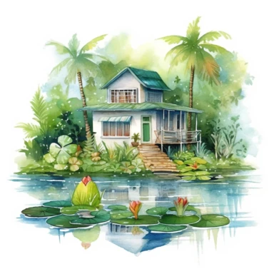 watercolor magical bungalow house in the tropical jungle with amazing garden clipart near the river, lotus plants on the water surface, peacefull, white background, 8k