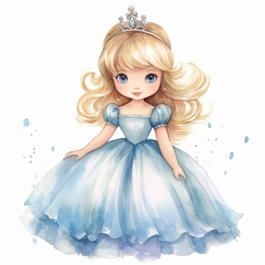 Toddler princess Cinderella cartoon watercolor, round face delicate her long hair sharp and detailed her outfit like the original princess, character should be well drawn with soft tones a very clear smile confident and a head lightly painted in watercolor the character is a one year old baby should be on a white background clipart