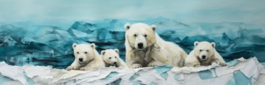 a line of cute miniature polar bear cubs on an iceberg, a collage of mixed media art made with tissue paper, magazine and newspaper clippings, oil paint, graphite pencil lines and fabric, in the style of playful surrealism, whimsical, washi tape
